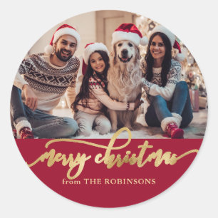 Elegante rote und goldene Familienfoto-Weihnachtsk Runder Aufkleber