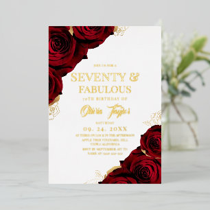 Elegante rote und goldene Rosen 70. Geburtstagsfei Folieneinladung
