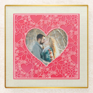 Elegante rote und rosa florale Herzen Valentinstag Glasuntersetzer