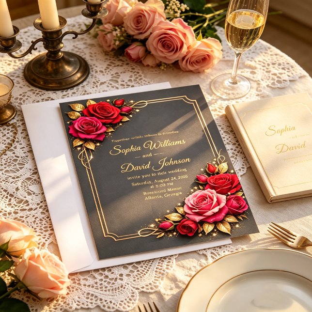 Elegante rote und rosa Rosen Hochzeits-Einladungsr Einladung (Von Creator hochgeladen)