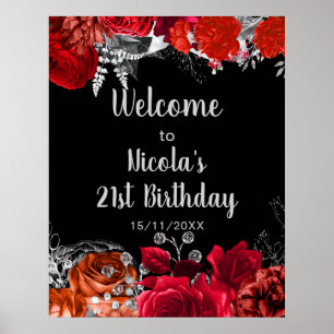Elegante rote und silberne Blumen Geburtstagsparty Poster