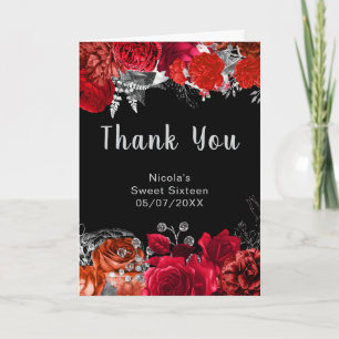Elegante rote und silberne Blumen Sweet Sixteen Dankeskarte
