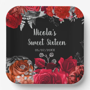 Elegante rote und silberne Blumen Sweet Sixteen  Pappteller