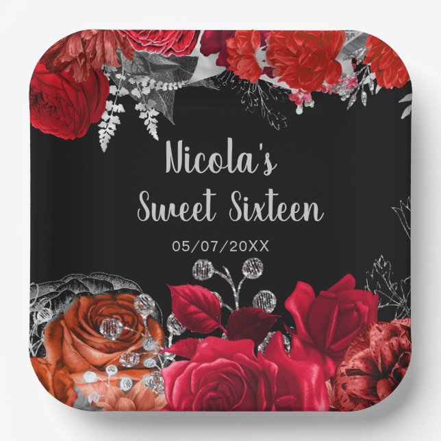 Elegante rote und silberne Blumen Sweet Sixteen  Pappteller (Vorderseite)