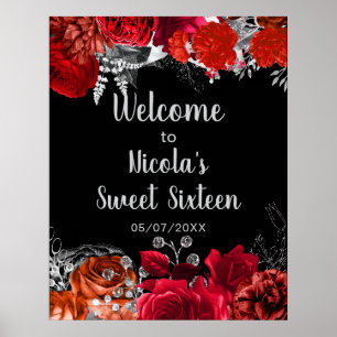 Elegante rote und silberne Blumen Sweet Sixteen Poster