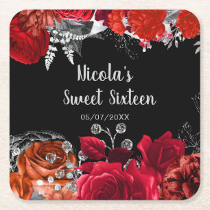 Elegante rote und silberne Blumen Sweet Sixteen  Rechteckiger Pappuntersetzer