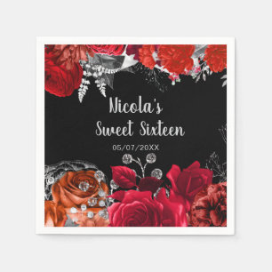 Elegante rote und silberne Blumen Sweet Sixteen Serviette