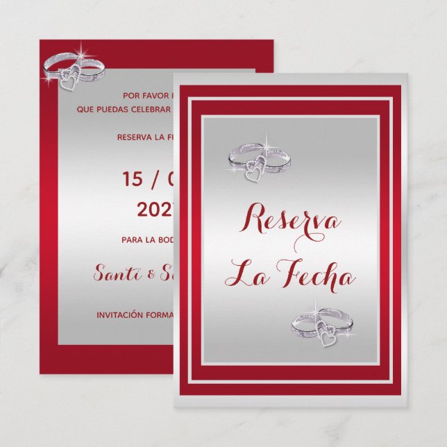 Elegante Rote Und Silberne Eheringe Save The Date (Vorne/Hinten)
