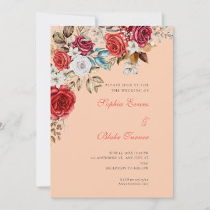 Elegante rote und weiße Rosen Apricot Orange Hochz Einladung