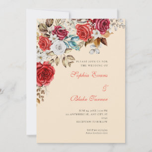 Elegante rote und weiße Rosen Champagner Hochzeit Einladung