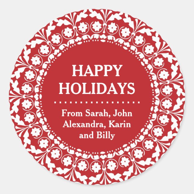Elegante Rote und weiße Weihnachtsmarken Runder Aufkleber (Vorderseite)
