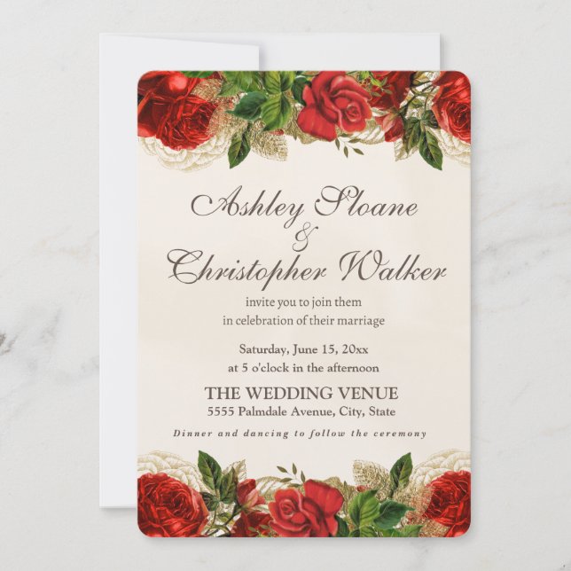Elegante rote Vintage-Rosen Goldene Hochzeitseinla Einladung (Vorderseite)