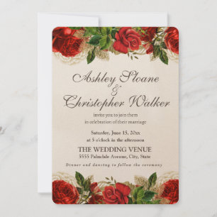 Elegante rote Vintage-Rosen Goldene Hochzeitseinla Einladung