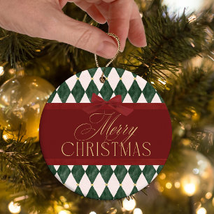 Elegante rote Vintage-Schleife grünes Weihnachtsfo Keramik Ornament