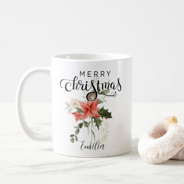Elegante Rote Wasserfarbe | Frohe Weihnachten Kaffeetasse (Mit Donut)