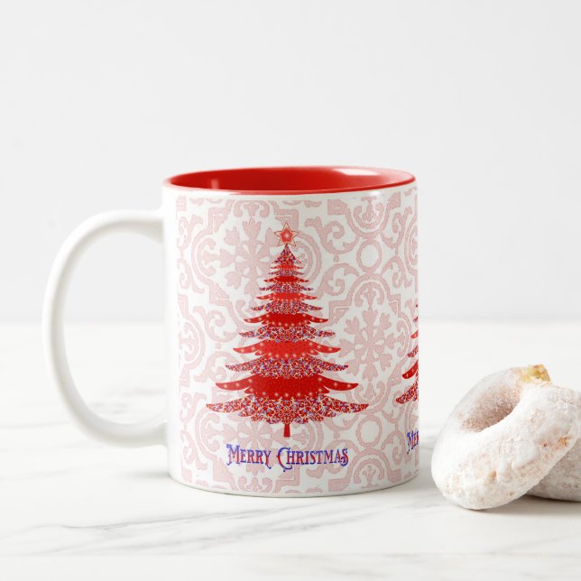 Elegante Rote Weihnachtsbaum Snowflakes Zweifarbige Tasse (Mit Donut)