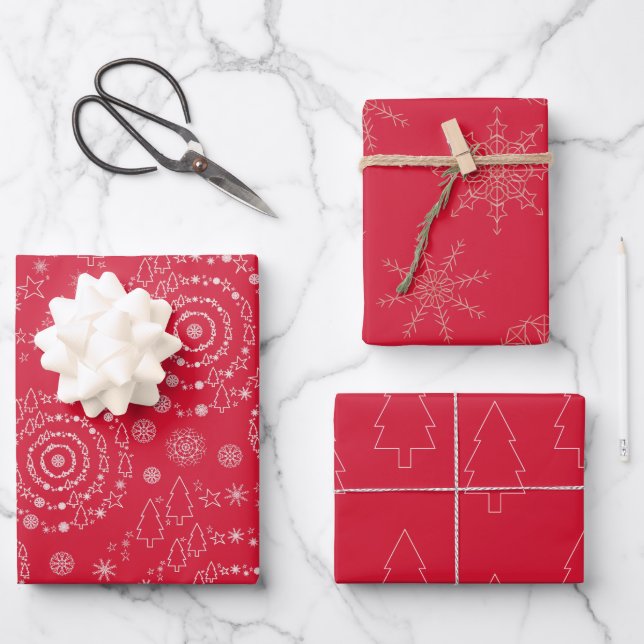 Elegante Rote Weihnachtsbäume Geschenkpapier Set (Vorderseite)