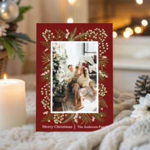 Elegante rote Weihnachtsfotokarte mit botanischem Feiertagskarte