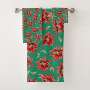 Elegante Rote Weihnachtskaktus Blume auf Grün Badhandtuch Set