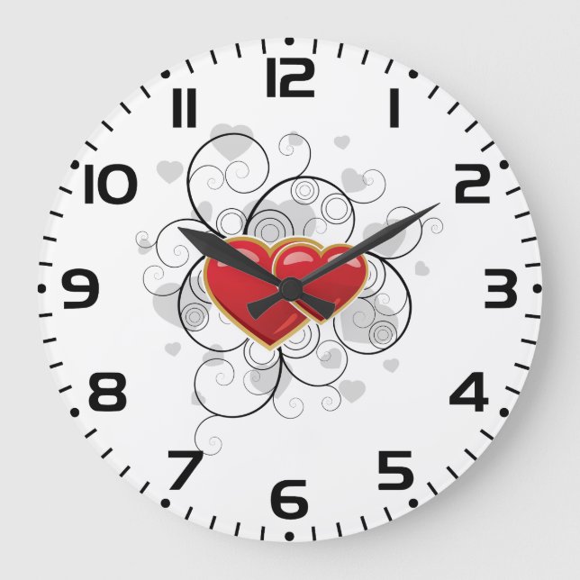 Elegante rote Zwillingsherzen mit blumigen Schwüng Große Wanduhr (Vorderseite)