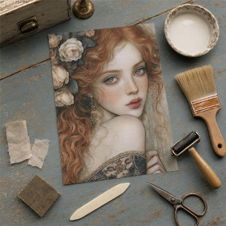 Elegante Rothaarige und Elfenbeinrosen-Decoupage Seidenpapier
