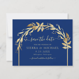 Elegante Royal Blue and Gold Foliage Arch Wedding Save The Date