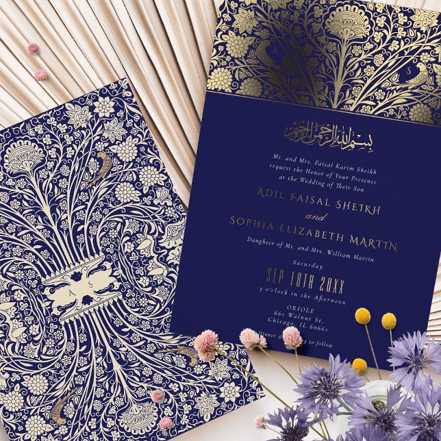 Elegante Royal Blue and Gold Islamic Wedding Folieneinladung (Von Creator hochgeladen)