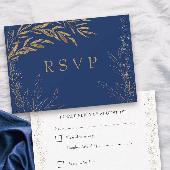 Elegante Royal Blue and Gold Leaf RSVP Card (Response Card with editable RSVP date in blue, from my Gold Leaf Collection
)