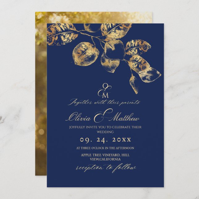 Elegante Royal Blue and Gold Leafs Wedding Einladung (Vorne/Hinten)