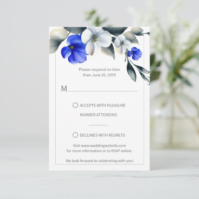 Elegante Royal Blue and White Floral UAWG RSVP Karte (Stehend Vorderseite)