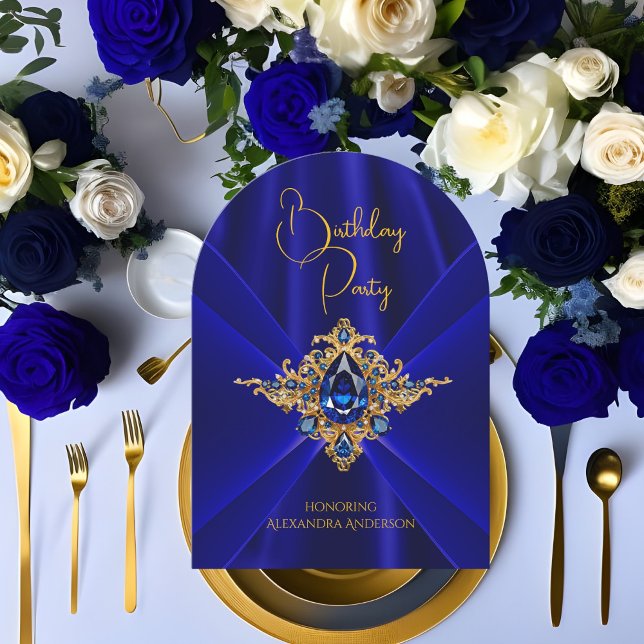 Elegante Royal Blue Birthday Gold Jewel Imitats Se Einladung (Von Creator hochgeladen)