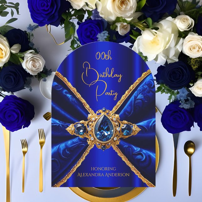 Elegante Royal Blue Birthday Gold Jewel Imitats Ve Einladung (Von Creator hochgeladen)