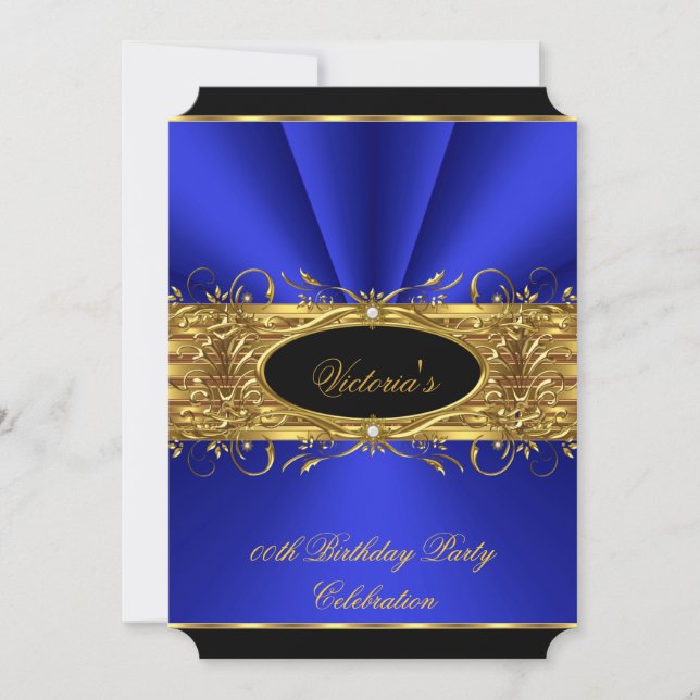 Elegante Royal Blue Gold Black Birthday Party 2 Einladung (Vorderseite)