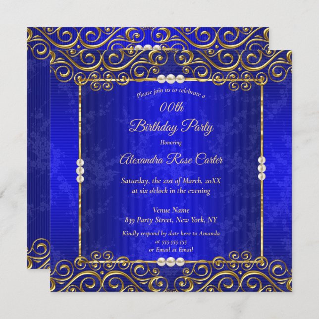 Elegante Royal Blue Gold Cream Pearl Birthday Part Einladung (Vorne/Hinten)
