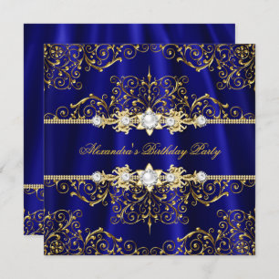 Elegante Royal Blue & Gold Damask Geburtstagsparty Einladung
