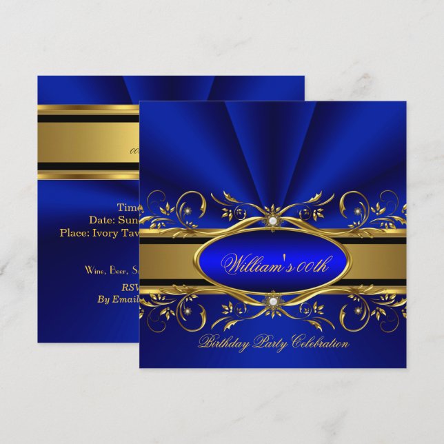 Elegante Royal Blue Gold Geburtstagsparty Einladung (Vorne/Hinten)