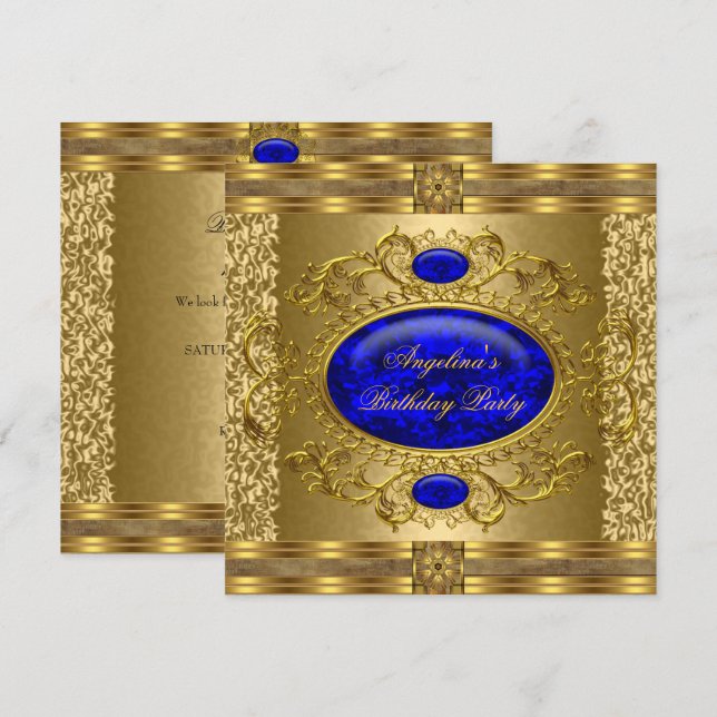 Elegante Royal Blue Gold Geburtstagsparty Einladung (Vorne/Hinten)
