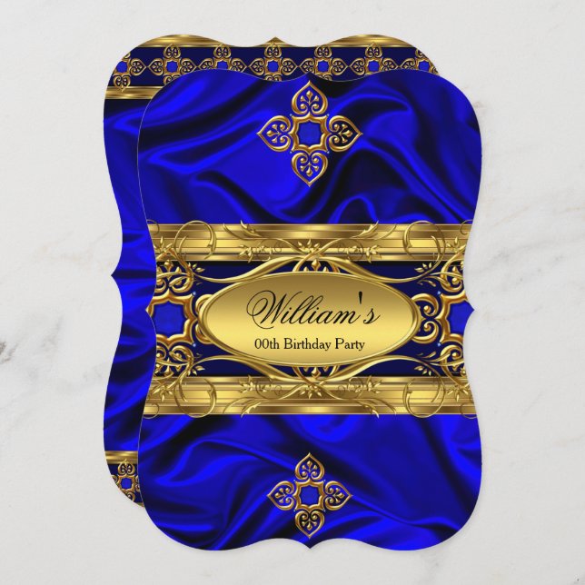 Elegante Royal Blue Gold Gems Silk Birthday Party  Einladung (Vorne/Hinten)