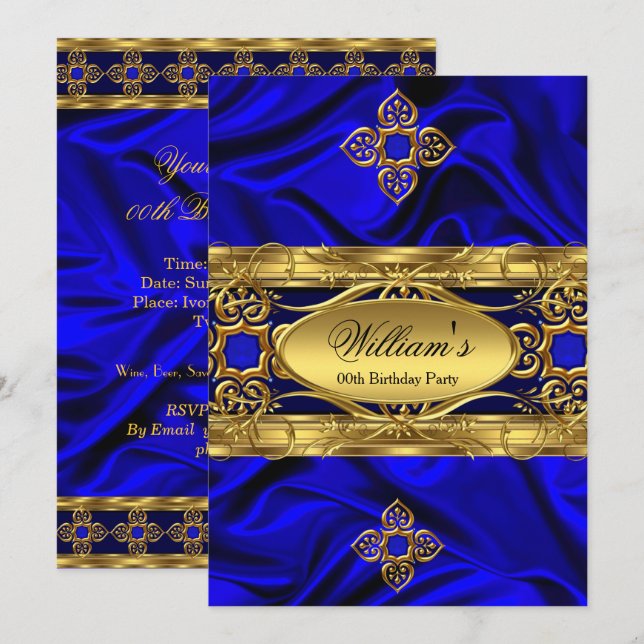 Elegante Royal Blue Gold Gems Silk Birthday Party  Einladung (Vorne/Hinten)