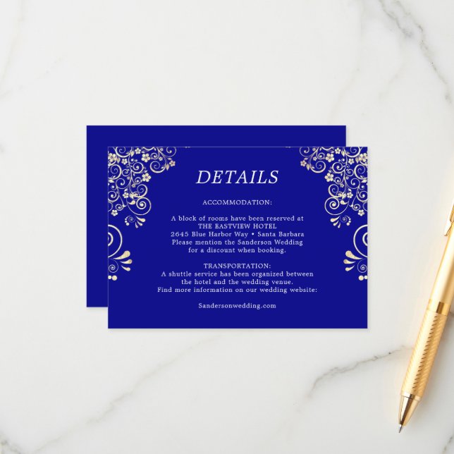 Elegante Royal Blue Gold Hochzeiten Details Begleitkarte (Vorderseite/Rückseite Beispiel)