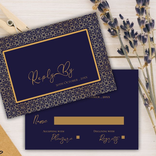 Elegante Royal Blue Gold Intricate Design Wedding RSVP Karte (Elegant Royal Blue Gold Intricate Design Wedding RSVP Card)