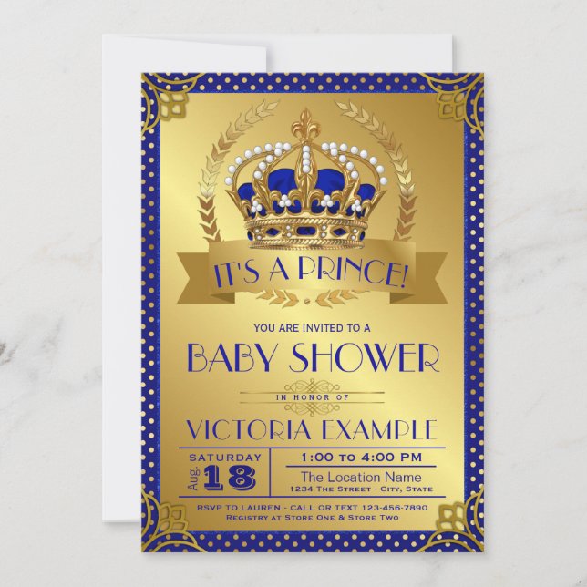 Elegante Royal Blue Gold Prince Baby Dusche Einladung (Vorderseite)