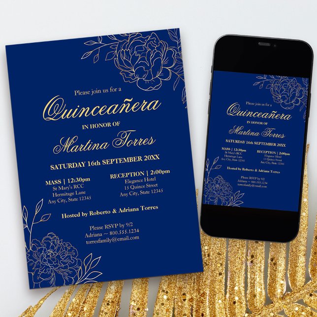 Elegante Royal Blue Gold Sketch Einladung (Blue & Gold Quinceanera Invitation with church ceremony, from my Gold Sketched Floral collection)