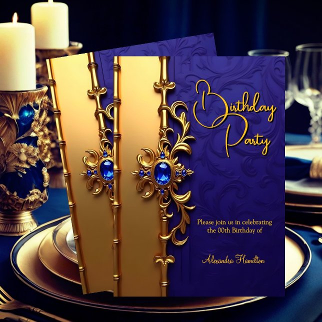 Elegante Royal Blue Gold Verziert Birthday Party Einladung (Von Creator hochgeladen)