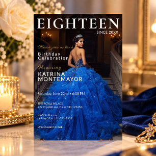 Elegante Royal Blue Gold Zeitschrift 18. Geburtsta Einladung