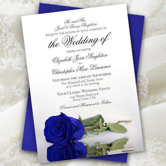 Elegante Royal Blue oder Cobalt Rose Formal Weddin Einladung (In Situ Front and Back)