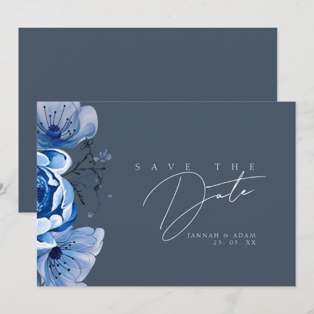 Elegante Royal Blue Opulence Rose Hochzeit Save The Date (Vorne/Hinten)