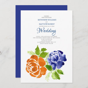 Elegante Royal Blue Orange Blumenzwiebelhochzeit Einladung