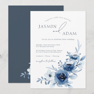 Elegante Royal Blue Rose Blumenhochzeit Einladung