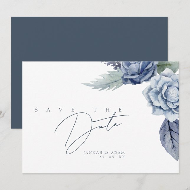 Elegante Royal Blue Rose Blumenhochzeit Save The Date (Vorne/Hinten)